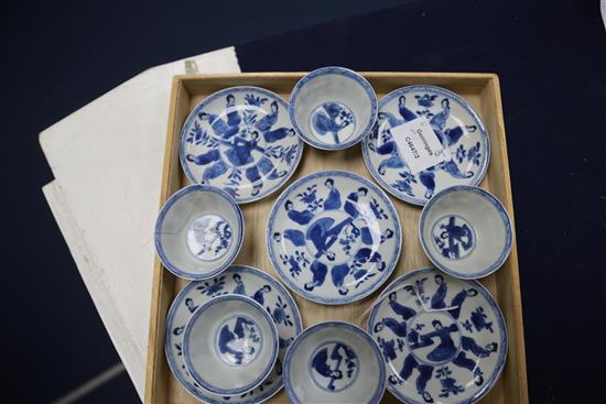 A set of five Chinese blue and white Long Eliza tea bowls and saucers, Kangxi period, saucers 9.7cm diameter, one teabowl repaired